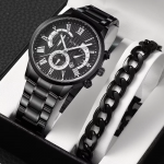 2pcs Black Strap Watch Cuban Chain Bracelet For Men
