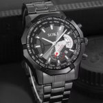 2pc Black Watch With Cuban Chain Bracelet Men Casual Business Watch With Stainless Steel Strap