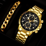 2pcs Men Stainless Steel Strap Sports Business Fashion Casual Round Pointer Calendar Quartz Watches Bracelet